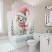 Schattigee kerst puppy in santa hoed douchegordijn (In situ)
