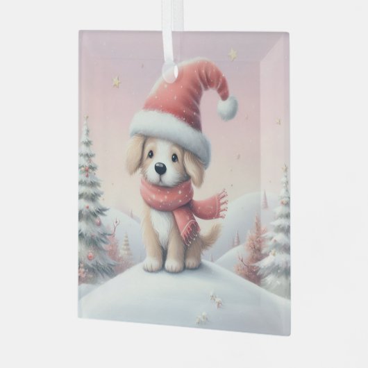 Schattigee kerst puppy in santa hoed glas ornament (Voorkant links)