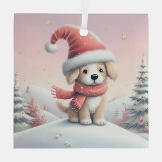 Schattigee kerst puppy in santa hoed glas ornament (Achterkant)