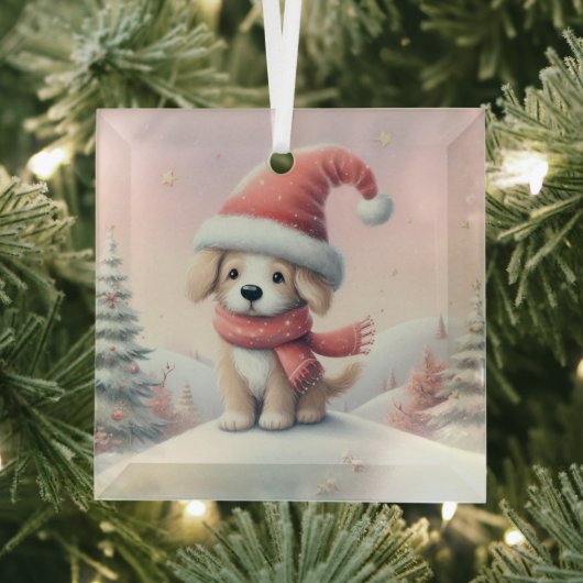 Schattigee kerst puppy in santa hoed glas ornament (Insitu)