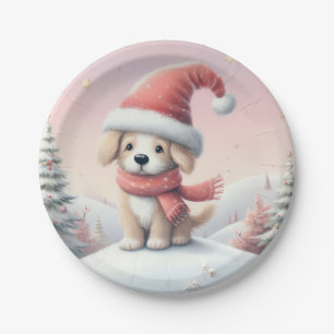 Schattigee kerst puppy in santa hoed papieren bordje