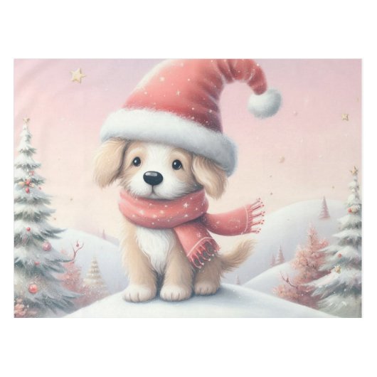 Schattigee kerst puppy in santa hoed tafelkleed (Voorkant (Horizontaal))