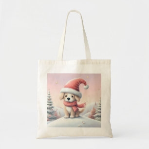 Schattigee kerst puppy in santa hoed tote bag