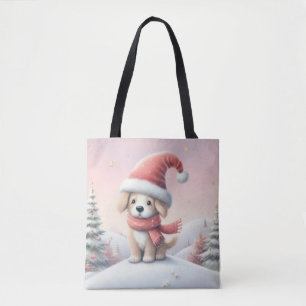 Schattigee kerst puppy in santa hoed tote bag
