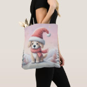 Schattigee kerst puppy in santa hoed tote bag (Dichtbij)