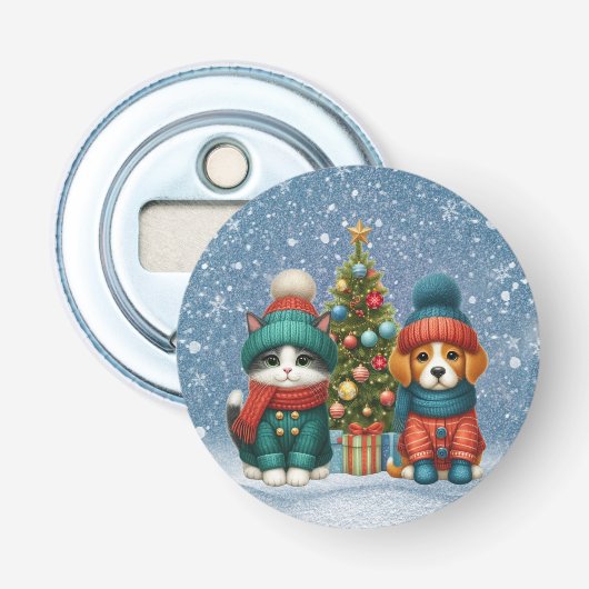 Schattigee kerst puppy & kitten button flesopener (Voorkant)
