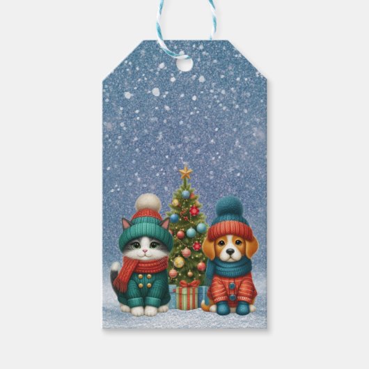 Schattigee kerst puppy & kitten cadeaulabel (Voorkant)