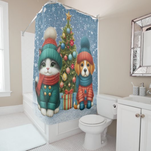 Schattigee kerst puppy & kitten douchegordijn (In situ)