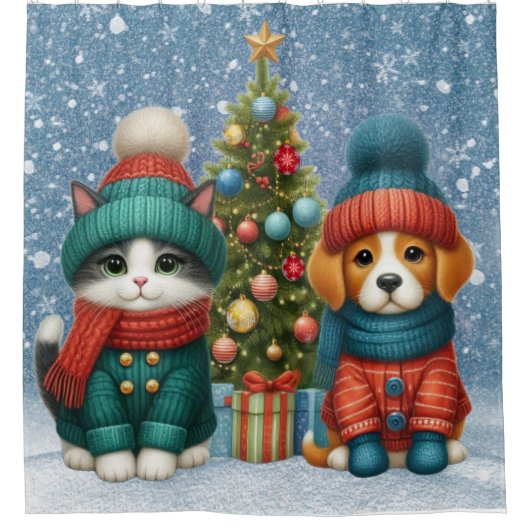 Schattigee kerst puppy & kitten douchegordijn (Voorkant)