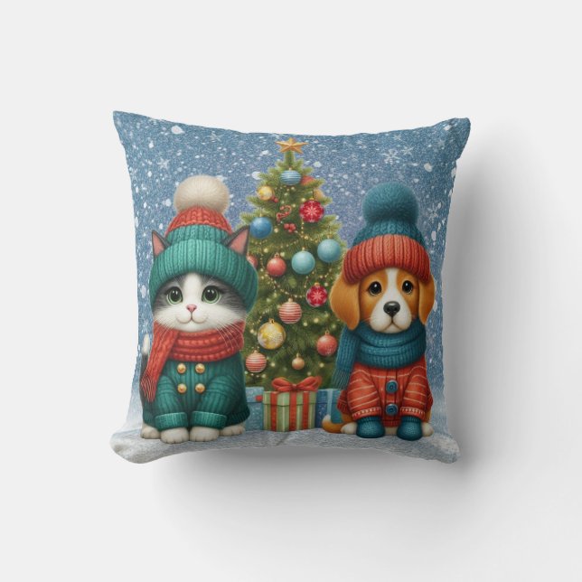 Schattigee kerst puppy & kitten kussen (Voorkant)
