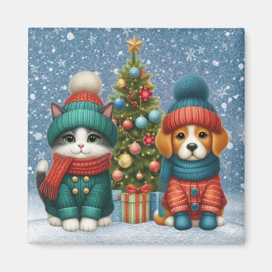 Schattigee kerst puppy & kitten magneet (Voorkant)