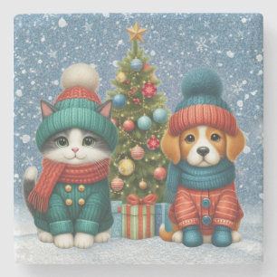 Schattigee kerst puppy & kitten stenen onderzetter