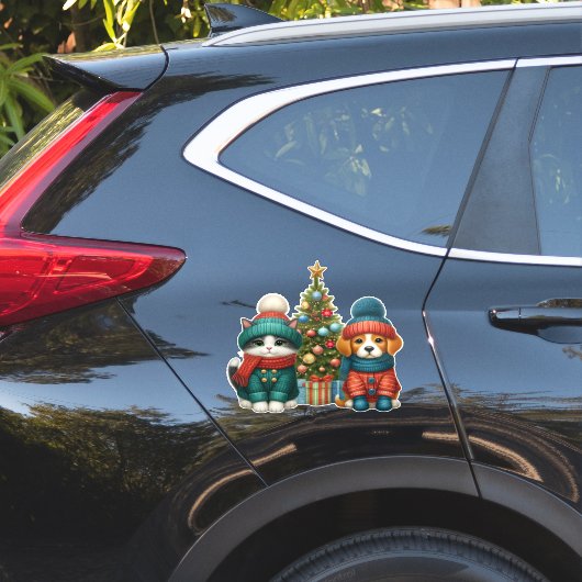 Schattigee kerst puppy & kitten sticker (Auto Zijkant)