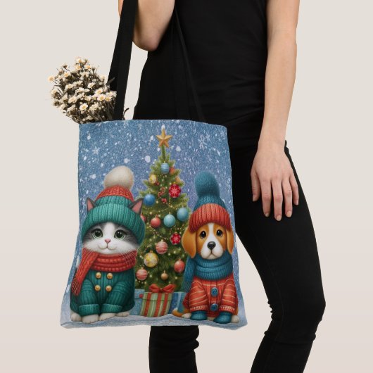 Schattigee kerst puppy & kitten tote bag (Dichtbij)