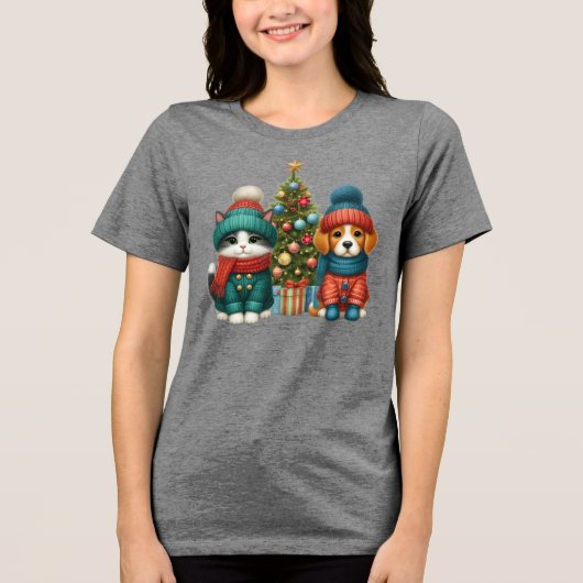 Schattigee kerst puppy & kitten Tri-Blend shirt (Voorkant)