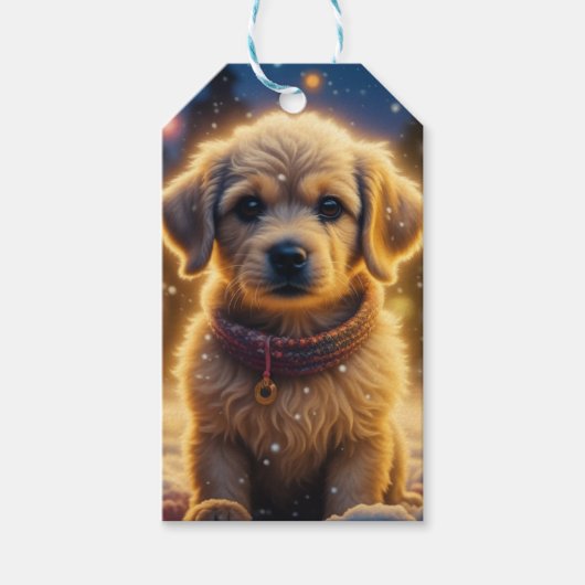 Schattigee kerst puppy op een sneeuw nacht cadeaulabel (Voorkant)