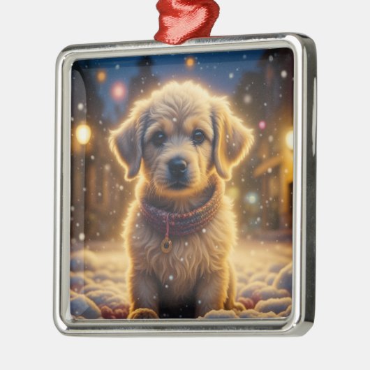 Schattigee kerst puppy op een sneeuw nacht metalen ornament (Links)