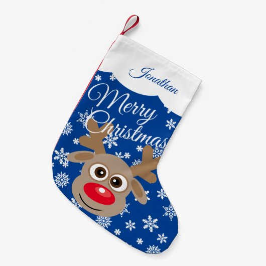 Schattigee kerst rendier blauw wit script naam kleine kerstsok (Voorkant (Hangend))