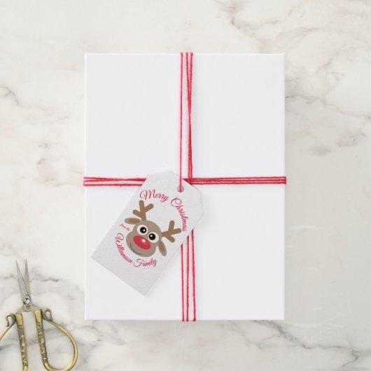 Schattigee kerst rendier rood script naam wit cadeaulabel (Met Touw)