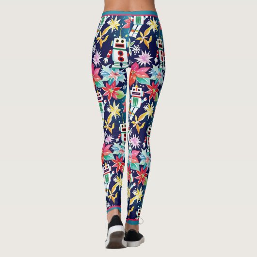 Schattigee Kerst Retro Robots Bloemen Leggings (Achterkant)