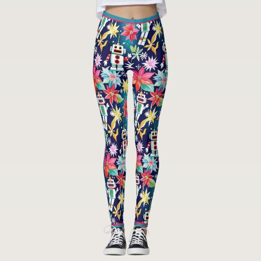 Schattigee Kerst Retro Robots Bloemen Leggings (Voorkant)
