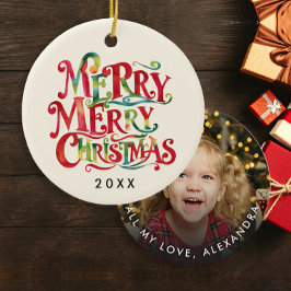 Schattigee Kerst Rood en Groen Waterverf Typo Foto Keramisch Ornament