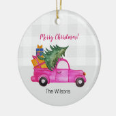 Schattigee kerst roze truck met boompjes en wensen keramisch ornament (Links)