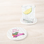 Schattigee kerst roze truck met boompjes en wensen zandsteen onderzetter (Zijkant)