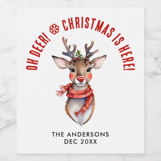 Schattigee kerst Rudolph rendieren naam Waterverf Wijn Etiket (Enkel label)