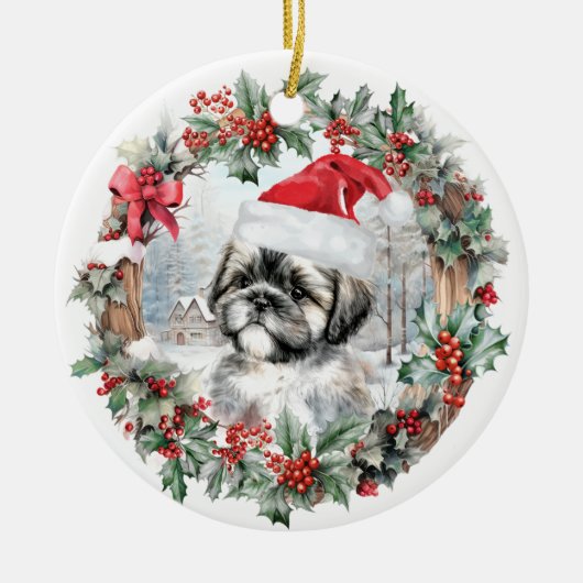Schattigee kerst shih tzu dog puppy kerstmuts keramisch ornament (Voorkant)