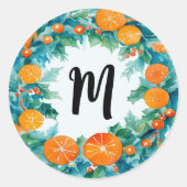 Schattigee Kerst Sinaasappels krans Monogram Water Ronde Sticker (Voorkant)