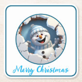 Schattigee kerst sneeuwpop door muur geïllustreerd kartonnen onderzetters (Voorkant)