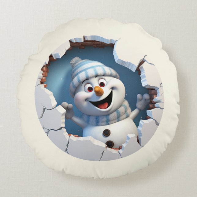 Schattigee kerst sneeuwpop door muur geïllustreerd rond kussen (Voorkant)