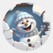 Schattigee kerst sneeuwpop door muur geïllustreerd ronde sticker (Voorkant)