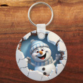 Schattigee kerst sneeuwpop door muur geïllustreerd sleutelhanger (Voorkant)
