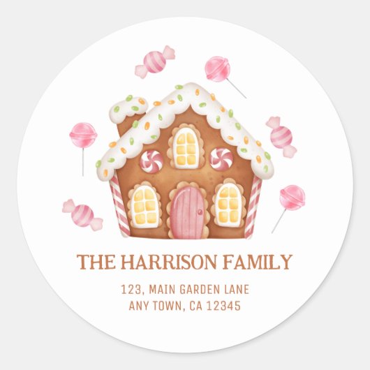 Schattigee Kerst Snoep Huis Adres Sticker (Voorkant)
