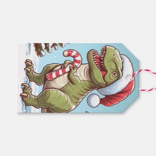 Schattigee kerst snoepriet dinosaurus cadeaulabel (Voorkant (Horizontaal))