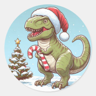 Schattigee kerst snoepriet dinosaurus ronde sticker
