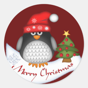Schattigee Kerst stickers met Pinguïn en Tekst