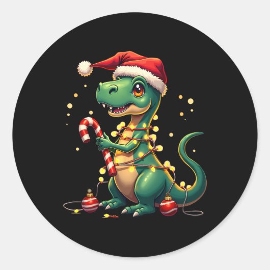 Schattigee kerst T-rex Shirt dinosaurus lichten en Ronde Sticker (Voorkant)