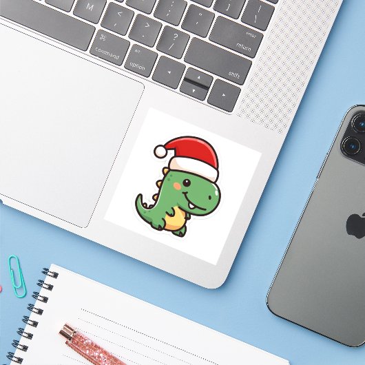 Schattigee kerst T-Rex Sticker (Laptop met iPhone)