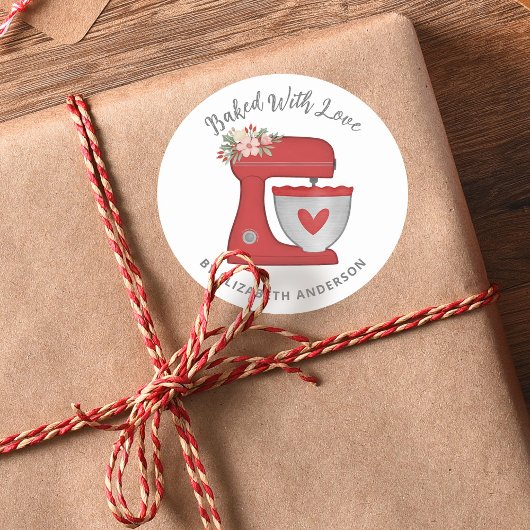 Schattigee kerst taart mixer gebakken met liefde ronde sticker