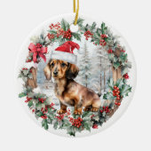 Schattigee kerst teckel hond puppy kerstmuts keramisch ornament (Voorkant)