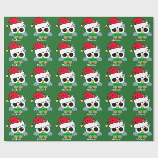 Schattigee Kerst Uil Custom Groen Cadeaupapier (Vlak)