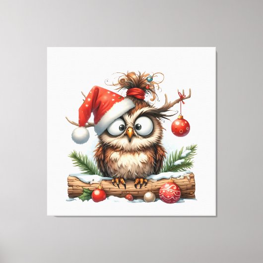 Schattigee kerst uil met een kerstmuts canvas afdruk (Voorkant)