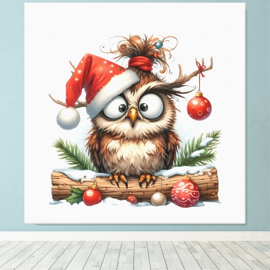Schattigee kerst uil met een kerstmuts canvas afdruk (Insitu (Houten vloer))