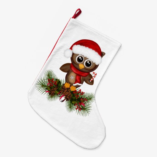 Schattigee kerst uil op Pine Branch Stocking Grote Kerstsok (Voorkant (Hangend))