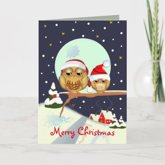Schattigee kerst uilen met kerstmutsen & aangepast feestdagen kaart (Voorkant)
