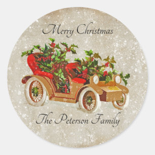 Schattigee Kerst Vintage Auto met Holly Beige Kraf Ronde Sticker