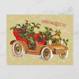 Schattigee Kerst Vintage Car Holly Snow Gold Feestdagenkaart